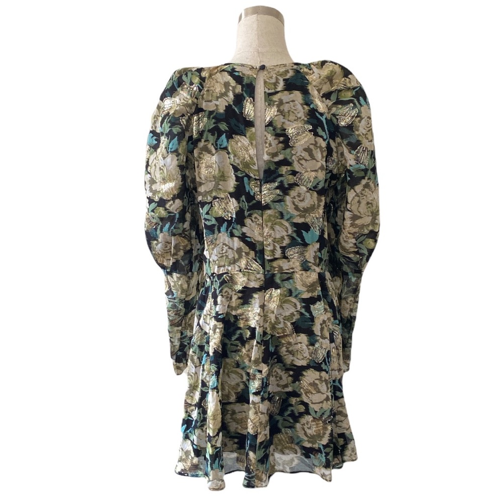 H&M Teal/Blk/Metallic Floral Brocade L/S Mini Dress with Puff Sleeves/Sz 10/EUC! - Picture 2 of 11